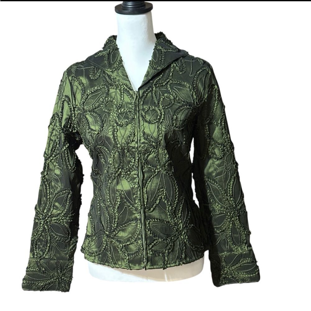 Samuel Dong Zippered Blazer Jacket Ruffled Taffeta Textured Green Size Small